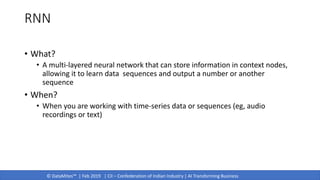 © DataMites™ | Feb 2019 | CII – Confederation of Indian Industry | AI Transforming Business
RNN
• What?
• A multi-layered neural network that can store information in context nodes,
allowing it to learn data sequences and output a number or another
sequence
• When?
• When you are working with time-series data or sequences (eg, audio
recordings or text)
 