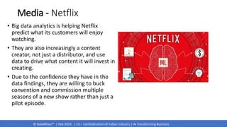 © DataMites™ | Feb 2019 | CII – Confederation of Indian Industry | AI Transforming Business
Media - Netflix
• Big data analytics is helping Netflix
predict what its customers will enjoy
watching.
• They are also increasingly a content
creator, not just a distributor, and use
data to drive what content it will invest in
creating.
• Due to the confidence they have in the
data findings, they are willing to buck
convention and commission multiple
seasons of a new show rather than just a
pilot episode.
 