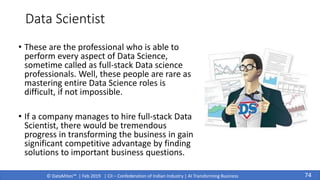 © DataMites™ | Feb 2019 | CII – Confederation of Indian Industry | AI Transforming Business
Data Scientist
• These are the professional who is able to
perform every aspect of Data Science,
sometime called as full-stack Data science
professionals. Well, these people are rare as
mastering entire Data Science roles is
difficult, if not impossible.
• If a company manages to hire full-stack Data
Scientist, there would be tremendous
progress in transforming the business in gain
significant competitive advantage by finding
solutions to important business questions.
74
 