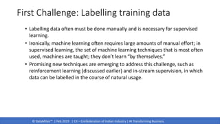 © DataMites™ | Feb 2019 | CII – Confederation of Indian Industry | AI Transforming Business
First Challenge: Labelling training data
• Labelling data often must be done manually and is necessary for supervised
learning.
• Ironically, machine learning often requires large amounts of manual effort; in
supervised learning, the set of machine learning techniques that is most often
used, machines are taught; they don’t learn “by themselves.”
• Promising new techniques are emerging to address this challenge, such as
reinforcement learning (discussed earlier) and in-stream supervision, in which
data can be labelled in the course of natural usage.
 