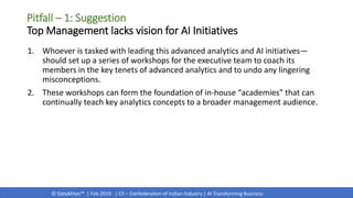 © DataMites™ | Feb 2019 | CII – Confederation of Indian Industry | AI Transforming Business
1. Whoever is tasked with leading this advanced analytics and AI initiatives—
should set up a series of workshops for the executive team to coach its
members in the key tenets of advanced analytics and to undo any lingering
misconceptions.
2. These workshops can form the foundation of in-house “academies” that can
continually teach key analytics concepts to a broader management audience.
Pitfall – 1: Suggestion
Top Management lacks vision for AI Initiatives
 