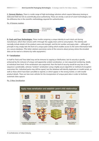 Anti-Counterfeit Packaging Technologies - A strategic need for the Indian industry



C. Forensic Markers. There is a wide range of high-technology solutions which require laboratory testing or
dedicated field test kits to scientifically prove authenticity. These are strictly a sub-set of covert technologies, but
the difference lies in the scientific methodology required for authentication.

Pic: 4 Forensic markers




D. Track and Trace Technologies. These involve assigning a unique identity to each stock unit during
manufacture, which then remains with it through the supply chain until its consumption. This identity will
normally include details of the product name and strength, and the lot number and expiry date — although in
principle it may simply take the form of a unique pack coding which enables access to the same information held
on a secure database. (This latter solution overcomes some of the concerns about privacy where the encoded
data can be read at a distance by radio equipment.)

D.1 Serialization

In itself te Track and Trace label may not be immune to copying or falsification, but its security is greatly
enhanced by the inclusion of unique and apparently random serialization, or non-sequential numbering, ideally
at individual item level. If the serialization was sequential, then the level of security would be very low as the
sequence is predictable, whereas "random" serialization using a highly secure algorithm or method of encryption
overcomes this. Individual packs may still be copied, but the database will identify duplicates or invalid serials, as
well as those which have been cancelled or expired, or which appear in the wrong market, or with invalid
product details. There are two main vehicles for the incorporation of unique pack data in order to facilitate
automatic data capture:

Pic: 5 Mass Serialization




© Confederation of Indian Industry                          17
 