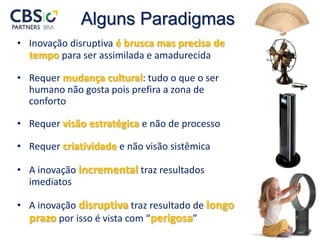 Alguns Paradigmas
• Inovação disruptiva é brusca mas precisa de
tempo para ser assimilada e amadurecida
• Requer mudança cultural: tudo o que o ser
humano não gosta pois prefira a zona de
conforto
• Requer visão estratégica e não de processo
• Requer criatividade e não visão sistêmica
• A inovação incremental traz resultados
imediatos
• A inovação disruptiva traz resultado de longo
prazo por isso é vista com “perigosa”
 