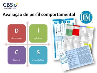 Avaliação de perfil comportamental
D
Dominância
I
Influência
C
Cautela
S
Estabilidade
 