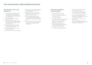 2524 Code of Ethics – Your practical guide
This includes, but is not
limited to:
4.1	 communicating with each client
in a way that is accurate and
straightforward and expressed
in a way that the individual client
can understand;
4.2	being transparent about fees
and other costs;
4.3	 making sure reasonable steps
are taken to ensure that all advice
is accurate and suitable for the
individual client;
4.4	obtaining and providing clear
information before, during and
after the point of sale;
4.5	ensuring adequate and correct
records are kept;
4.6	acting with skill, care and diligence;
4.7	acting only within your ability and
authorisation and seeking help
when necessary;
4.8	 ensuring your knowledge and
expertise is kept up-to-date and
relevant for your work;
4.9 ensuring those who work for
you have appropriate training
and supervision and contributing
to their learning and development;
and
4.10 if it is within your control, making
sure your firm has clear written
complaints procedure which
is followed.
You must provide a high standard of service.
Some key questions
to ask yourself:
•	Do I do what I say I will do
and do it when I say I will?
•	How can I improve the service
I give my clients?
•	 Am I approachable?
•	Do I give and receive constructive
feedback to/from colleagues?
•	Does my organisation seek
feedback from clients?
•	Does my organisation have
a swift and effective mechanism
for resolving complaints?
•	 Do I learn from complaints?
•	 Do I take complaints seriously?
•	Can I improve my knowledge
by additional training?
•	Do I encourage subordinates
to increase their knowledge?
•	 Do I ask for help when I need it?
•	Does my organisation have
systems for managing paperwork
and data which work?
•	 Do I listen to my clients or just
hear them?
•	Does my organisation assess
customer satisfaction and provide
feedback to employees?
 