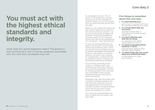 1110 Code of Ethics – Your practical guide
You must act with
the highest ethical
standards and
integrity.
So, do people trust you? “Yes, of
course” is the answer I am sure you
are all giving. So let’s rephrase the
question slightly. Do you think people
trust you more than they did this time
last year?
Reflect on your answer for a while and
then check it against the ten points in
this core duty, and ask yourself – can
you put an improving tick against all
of them? This exercise illustrates an
important aspect of this core duty;
namely that high ethical standards do
not just happen – they need attention.
So as an insurance professional, you
need to ask yourself if you are being
honest and trustworthy with a client;
ask yourself if your colleagues see you
as reliable, dependable and respectful.
None of us are perfect, so these are
questions we need to ask ourselves
on a regular basis, to ensure that we
as individuals, and our company, are
maintaining professional standards.
If you are ever unsure about how
a client or colleague might view
something you have done, then turn
to a simple test embodied in the first
of the key questions in this core duty:
how comfortable would you feel
explaining what you have done to
family and friends?
Remember that while the overall code
is aimed at individual members, this
core duty also urges each of you to
look beyond your own actions and
consider how ethics can be promoted
within the firm you work for and
across the profession as a whole.
This cannot be overemphasised, for
ethics is about how we interact with
each other.
Five things to remember
about this core duty
1.	 It is about building trust…
	 and not just in yourself, but in your
firm and the profession as a whole.
2.	 It is not just about what you
do at work…
	 important though that is.
Your behaviour outside of work
matters too.
3.	 It is about reflecting upon
what you are doing…
	 to understand how others
might judge your actions.
4.	 It is about encouraging ethical
behaviour in others…
	 because ethics happens when
everyone works together.
5.	 It is about being clear and correct
about your professional status…
	 so that people link it with
your conduct.
What does this grand statement mean? The answer is
well summed up in one of the key questions associated
with this core duty: do people trust me?
Core duty 2
 
