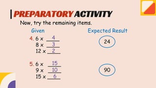 PREPARATORY ACTIVITY
Now, try the remaining items.
Given Expected Result
4. 6 x ____
8 x ____
12 x ____
5. 6 x ____
9 x ____
15 x ____
24
90
4
3
15
10
2
6
 