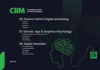 • Google Ai
• Facebook Ai
• Youtube Ai
• Instagram Ai
56. Science behind Digital advertising
• Connection between human mindset and Graphics
• Impact of Colors
• Age Strategy
• Gender Strategy
57. Gender, Age & Graphics Psychology
• Never Repeat Mistake
• Customer Identification
• Ads statistics
• Optimization
• Concept of Ad making
58. Digital Advertiser
Chandigarh Institute
of Internet Marketing
ciim.in
 