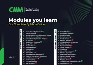 Our Complete Syllabus Guide
Modules you learn
Chandigarh Institute
of Internet Marketing
Introduction to Digital Marketing
Basic of Computer
General Overview of Web Concept & Hosting
Website Planning & Creation
Search Engine Optimization (SEO)
Off Page SEO
Advance SEO Knowledge
Google Adwords
Re-marketing
Display Advertising
Shopping Ads
Video Ads
Universal App Ads
Google Adwords Alternatives
Tracking Performance & Measurement
Social Media Marketing
Email Marketing
YouTube Marketing
Lead Generation
1.
2.
3.
4.
5.
6.
7.
8.
9.
10.
11.
12.
13.
14.
15.
16.
17.
18.
19.
20.
21.
22.
23.
24.
25.
26.
27.
28.
29.
30.
31.
32.
33.
34.
35.
36.
37.
38.
Online Advertising
E-commerce Marketing
Mobile Marketing
Content Marketing
Growth Hacking
Influence Marketing
Online Reputation Management
Affiliate Marketing
Become Online Seller
Google Adsense
Freelancing
Internet Enterpreneurship
Interview Preparation
Ad Algorithm & Psychology
Payment Gateway Set-up
Inbound Marketing
Blogging /Vlogs
Conversion Rate Optimization - CRO
User Experience - UX
DIGITAL
MARKETING
DIGITAL
MARKETING
ciim.in
 