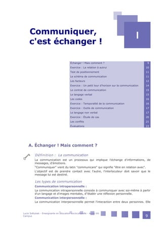 I - Communiquer,
c'est échanger !
I
Échanger ! Mais comment ? 9
Exercice : La relation à autrui 10
Test de positionnement 11
Le schéma de communication 11
Les facteurs 12
Exercice : Un petit tour d'horizon sur la communication 14
Le contrat de communication 15
Le langage verbal 15
Les codes 16
Exercice : Temporalité de la communication 16
Exercice : Outils de communication 17
Le langage non verbal 17
Exercice : Étude de cas 20
Les conflits 21
Évaluations 23
A. Échanger ! Mais comment ?
Définition : La communication
La communication est un processus qui implique l'échange d'informations, de
messages, d'émotions.
"Communiquer" vient du latin "communicare" qui signifie "être en relation avec".
L'objectif est de prendre contact avec l'autre, l'interlocuteur doit savoir que le
message lui est destiné.
Les types de communication
Communication intrapersonnelle :
La communication intrapersonnelle consiste à communiquer avec soi-même à partir
d'un langage et d'images mentales, d"établir une réflexion personnelle.
Communication interpersonnelle :
La communication interpersonnelle permet l'interaction entre deux personnes. Elle
Lucie Soltysiak - Enseignante en éducation socioculturelle - Avize Viti
Campus 9
 