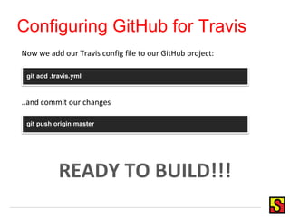 Configuring GitHub for Travis
git add .travis.yml
git push origin master
..and commit our changes
Now we add our Travis config file to our GitHub project:
READY TO BUILD!!!
 
