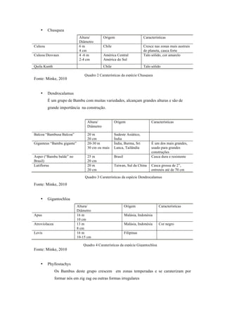 • Chusquea
Altura/
Diâmetro
Origem Características
Culeou 6 m
4 cm
Chile Cresce nas zonas mais austrais
do planeta, casca forte
Culeou Desvaux 4 -6 m
2-4 cm
América Central
América do Sul
Talo sólido, cor amarelo
Quila Kunth Chile Talo sólido
Fonte: Minke, 2010
• Dendrocalamus
É um grupo de Bambu com muitas variedades, alcançam grandes alturas e são de
grande importância na construção.
Altura/
Diâmetro
Origem Características
Balcoa “Bambusa Balcoa” 20 m
20 cm
Sudeste Asiático,
Índia
Giganteus “Bambu gigante” 20-30 m
30 cm ou mais
Índia, Burma, Sri
Lanca, Tailândia
É um dos mais grandes,
usado para grandes
construções
Asper (“Bambu balde” no
Brasil)
25 m
20 cm
Brasil Casca dura e resistente
Latiflorus 20 m
20 cm
Taiwan, Sul da China Casca grossa de 2”,
entrenós até de 70 cm
Fonte: Minke, 2010
• Gigantochloa
Altura/
Diâmetro
Origem Características
Apus 16 m
10 cm
Malásia, Indonésia
Atroviolacea 13 m
8 cm
Malásia, Indonésia Cor negro
Levis 16 m
10-15 cm
Filipinas
Fonte: Minke, 2010
• Phyllostachys
Os Bambus deste grupo crescem em zonas temperadas e se caraterizam por
formar nós em zig zag ou outras formas irregulares
Quadro 2 Caraterísticas da espécie Chusquea
Quadro 3 Caraterísticas da espécie Dendrocalamus
Quadro 4 Caraterísticas da espécie Gigantochloa
 