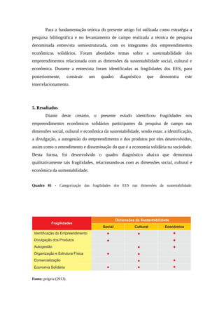 Para a fundamentação teórica do presente artigo foi utilizada como estratégia a
pesquisa bibliográfica e no levantamento de campo realizada a técnica de pesquisa
denominada entrevista semiestruturada, com os integrantes dos empreendimentos
econômicos solidários. Foram abordados temas sobre a sustentabilidade dos
empreendimentos relacionada com as dimensões da sustentabilidade social, cultural e
econômica. Durante a entrevista foram identificadas as fragilidades dos EES, para
posteriormente, construir um quadro diagnóstico que demonstra este
interrelacionamento.
5. Resultados
Diante deste cenário, o presente estudo identificou fragilidades nos
empreendimentos econômicos solidários participantes da pesquisa de campo nas
dimensões social, cultural e econômica da sustentabilidade, sendo estas: a identificação,
a divulgação, a autogestão do empreendimento e dos produtos por eles desenvolvidos,
assim como o entendimento e disseminação do que é a economia solidária na sociedade.
Desta forma, foi desenvolvido o quadro diagnóstico abaixo que demonstra
qualitativamente tais fragilidades, relacionando-as com as dimensões social, cultural e
econômica da sustentabilidade.
Quadro 01 - Categorização das fragilidades dos EES nas dimensões da sustentabilidade.
Fonte: própria (2013).
 