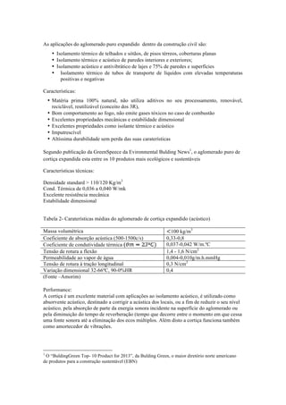 As aplicações do aglomerado puro expandido dentro da construção civil são:
• Isolamento térmico de telhados e sótãos, de pisos térreos, coberturas planas
• Isolamento térmico e acústico de paredes interiores e exteriores;
• Isolamento acústico e antivibrático de lajes e 75% de paredes e superfícies
• Isolamento térmico de tubos de transporte de líquidos com elevadas temperaturas
positivas e negativas
Características:
• Matéria prima 100% natural, não utiliza aditivos no seu processamento, renovável,
reciclável, reutilizável (conceito dos 3R),
• Bom comportamento ao fogo, não emite gases tóxicos no caso de combustão
• Excelentes propriedades mecânicas e estabilidade dimensional
• Excelentes propriedades como isolante térmico e acústico
• Imputrescível
• Altíssima durabilidade sem perda das suas caraterísticas
Segundo publicação da GreenSpeece da Evironmental Bulding News1
, o aglomerado puro de
cortiça expandida esta entre os 10 produtos mais ecológicos e sustentáveis
Características técnicas:
Densidade standard > 110/120 Kg/m3
Cond. Térmica de 0,036 a 0,040 W/mk
Excelente resistência mecânica
Estabilidade dimensional
Tabela 2- Caraterísticas médias do aglomerado de cortiça expandido (acústico)
Massa volumétrica 100 kg/m3
Coeficiente de absorção acústica (500-1500c/s) 0,33-0,8
Coeficiente de condutividade térmica 0,037-0,042 W/m.ºC
Tensão de rotura a flexão 1,4 - 1,6 N/cm2
Permeabilidade ao vapor de água 0,004-0,010g/m.h.mmHg
Tensão de rotura à tração longitudinal 0,3 N/cm2
Variação dimensional 32-66ºC, 90-0%HR 0,4
(Fonte –Amorim)
Performance:
A cortiça é um excelente material com aplicações ao isolamento acústico, é utilizado como
absorvente acústico, destinado a corrigir a acústica dos locais, ou a fim de reduzir o seu nível
acústico, pela absorção de parte da energia sonora incidente na superfície do aglomerado ou
pela diminuição do tempo de reverberação (tempo que decorre entre o momento em que cessa
uma fonte sonora até a eliminação dos ecos múltiplos. Além disto a cortiça funciona também
como amortecedor de vibrações.
	
  	
  	
  	
  	
  	
  	
  	
  	
  	
  	
  	
  	
  	
  	
  	
  	
  	
  	
  	
  	
  	
  	
  	
  	
  	
  	
  	
  	
  	
  	
  	
  	
  	
  	
  	
  	
  	
  	
  	
  	
  	
  	
  	
  	
  	
  	
  	
  	
  	
  	
  	
  	
  	
  	
  	
  
1
O “BuldingGreen Top- 10 Product for 2013”, da Bulding Green, o maior diretório norte americano
de produtos para a construção sustentável (EBN)
 