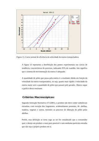 2520151050-5-10
99
95
90
80
70
60
50
40
30
20
10
5
1
Escala (dimer)
Percentual
Mean 8
StDev 4,472
N 15
AD 0,176
P-Value 0,905
Normal - 95% CI
Figura 13. Curva normal de eficiência da velocidade da esteira transportadora.
A figura 13 representa a distribuição dos pontos experimentais nas curvas de
tendência, características do processo, indicando 95% de exatidão. Isto significa
que o sistema de movimentação da esteira é adequado.
A quantidade de pólen que passa pela esteira é a resultante obtida em função da
velocidade da esteira transportadora, ou seja, quanto mais rápido a velocidade da
esteira maior será a quantidade de pólen que passará pelo gerador. Abaixo segue
o gráfico dessa resultante.
Critérios Macroscópicos:
Segundo Instrução Normativa nº3 (2001), o produto não deve conter substâncias
estranhas, com exceção dos fragmentos, acidentalmente presentes, de: abelhas,
madeira, vegetais e outros, inerentes ao processo de obtenção do pólen pelas
abelhas.
Porém, essa definição se torna vago ao ser for considerado que o consumidor
quer e deseja um produto o mais puro possível e sem nenhuma partícula estranha
que não seja o próprio produto em si.
 