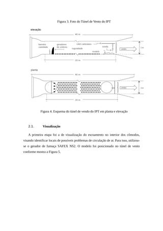 Figura 3. Foto do Túnel de Vento do IPT
Figura 4. Esquema do túnel de vendo do IPT em planta e elevação
2.1. Visualização
A primeira etapa foi a de visualização do escoamento no interior dos cômodos,
visando identificar locais de possíveis problemas de circulação de ar. Para isso, utilizou-
se o gerador de fumaça SAFEX NS2. O modelo foi posicionado no túnel de vento
conforme mostra a Figura 5.
 
