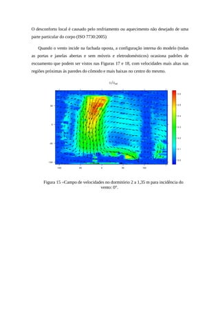 O desconforto local é causado pelo resfriamento ou aquecimento não desejado de uma
parte particular do corpo (ISO 7730:2005)
Quando o vento incide na fachada oposta, a configuração interna do modelo (todas
as portas e janelas abertas e sem móveis e eletrodomésticos) ocasiona padrões de
escoamento que podem ser vistos nas Figuras 17 e 18, com velocidades mais altas nas
regiões próximas às paredes do cômodo e mais baixas no centro do mesmo.
Figura 15 –Campo de velocidades no dormitório 2 a 1,35 m para incidência do
vento: 0°.
 