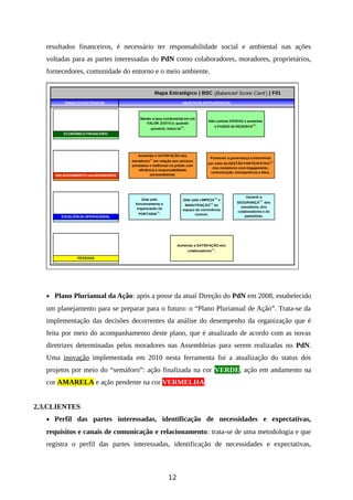 resultados financeiros, é necessário ter responsabilidade social e ambiental nas ações
voltadas para as partes interessadas do PdN como colaboradores, moradores, proprietários,
fornecedores, comunidade do entorno e o meio ambiente.
ECONÔMICO-FINANCEIRO
RELACIONAMENTO com MORADORES
EXCELÊNCIA OPERACIONAL
PESSOAS
Mapa Estratégico | BSC (Balanced Score Card ) | F01
TEMAS ESTRATÉGICOS OBJETIVOS ESTRATÉGICOS
Manter a taxa condominial em um
VALOR JUSTO e, quando
possível, reduzi-la
(6)
.
Não contrair DÍVIDAS e aumentar
o FUNDO de RESERVA
(6)
.
Aumentar a SATISFAÇÃO dos
colaboradores
(1)
.
Aumentar a SATISFAÇÃO dos
moradores
(1)
em relação aos serviços
prestados e melhorias no prédio com
eficiência e responsabilidade
socioambiental.
Promover a governança condominial
por meio da GESTÃO PARTICIPATIVA
(1)
dos moradores com engajamento,
comunicação, transparência e ética.
Zelar pelo
funcionamento e
organização da
PORTARIA
(2)
.
Zelar pela LIMPEZA
(3)
e
MANUTENÇÃO
(4)
do
espaço de convivência
comum.
Garantir a
SEGURANÇA
(5)
dos
moradores, dos
colaboradores e do
patrimônio.
• Plano Plurianual da Ação: após a posse da atual Direção do PdN em 2008, estabelecido
um planejamento para se preparar para o futuro: o “Plano Plurianual de Ação”. Trata-se da
implementação das decisões decorrentes da análise do desempenho da organização que é
feita por meio do acompanhamento deste plano, que é atualizado de acordo com as novas
diretrizes determinadas pelos moradores nas Assembleias para serem realizadas no PdN.
Uma inovação implementada em 2010 nesta ferramenta foi a atualização do status dos
projetos por meio do “semáforo”: ação finalizada na cor VERDE, ação em andamento na
cor AMARELA e ação pendente na cor VERMELHA.
2.3.CLIENTES
• Perfil das partes interessadas, identificação de necessidades e expectativas,
requisitos e canais de comunicação e relacionamento: trata-se de uma metodologia e que
registra o perfil das partes interessadas, identificação de necessidades e expectativas,
12
 