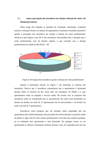 3.1. uanto à percepção dos moradores em relação à direção do vento e da
iluminação natural
Neste artigo são relatadas as questões de ventilação, iluminação, irradiação
naturais e sensação térmica no interior do apartamento. O primeiro resultado mostrado é
quanto à percepção dos moradores em relação à direção do vento predominante.
Verifica-se pela Figura 6 que 40 % dos moradores entrevistados têm a sensação que o
vento predominante vem da direção sudeste, o que coincide com a direção
predominante da cidade de São Paulo – SP.
Figura 6. Percepção dos moradores quanto à direção do vento predominante
Quanto à iluminação natural, na Figura 7 são mostradas as repostas dos
moradores. Nota-se que 2 moradores responderam que o apartamento é iluminado
durante todos os horários do dia. Esses dois são moradores do Prédio 3 e seus
apartamentos estão no segundo e terceiro andar. De acordo com as respostas dos
moradores, pode ser interpretado que os apartamentos são muito bem iluminados no
horário da manhã, um total de 13 apartamentos de 24 entrevistados, e no horário da
tarde, um total de 7 apartamentos.
Estranha-se nessa pesquisa que um morador tenha respondido que seu
apartamento não recebe iluminação natural, porém ele está localizado no primeiro andar
do prédio 3, logo, não há como avaliar perfeitamente se ele deu uma resposta qualquer,
ou se realmente esse apartamento é mal iluminado. De qualquer forma, ao ser
questionado se utilizava iluminação artificial durante o dia, ele respondeu que sim nos
 