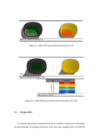 Figura 23 – Índice PET para solstício de inverno às 15h
Figura 24 – Índice PET para solstício de inverno entre 17h e 18h
5.5. Energia eólica
A crescente demanda de energia elétrica levou o homem a desenvolver tecnologias
de aproveitamento de energias renováveis. Entre elas está a energia eólica. No túnel de
 