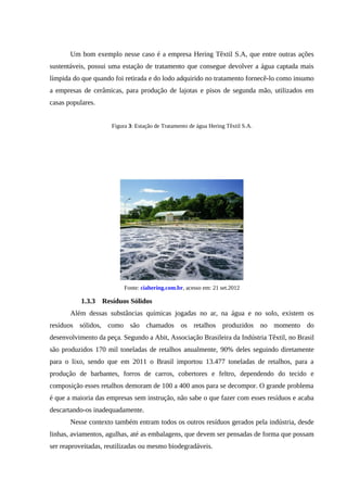 Um bom exemplo nesse caso é a empresa Hering Têxtil S.A, que entre outras ações
sustentáveis, possui uma estação de tratamento que consegue devolver a água captada mais
límpida do que quando foi retirada e do lodo adquirido no tratamento fornecê-lo como insumo
a empresas de cerâmicas, para produção de lajotas e pisos de segunda mão, utilizados em
casas populares.
Figura 3: Estação de Tratamento de água Hering Têxtil S.A.
Fonte: ciahering.com.br, acesso em: 21 set.2012
1.3.3 Resíduos Sólidos
Além dessas substâncias químicas jogadas no ar, na água e no solo, existem os
resíduos sólidos, como são chamados os retalhos produzidos no momento do
desenvolvimento da peça. Segundo a Abit, Associação Brasileira da Indústria Têxtil, no Brasil
são produzidos 170 mil toneladas de retalhos anualmente, 90% deles seguindo diretamente
para o lixo, sendo que em 2011 o Brasil importou 13.477 toneladas de retalhos, para a
produção de barbantes, forros de carros, cobertores e feltro, dependendo do tecido e
composição esses retalhos demoram de 100 a 400 anos para se decompor. O grande problema
é que a maioria das empresas sem instrução, não sabe o que fazer com esses resíduos e acaba
descartando-os inadequadamente.
Nesse contexto também entram todos os outros resíduos gerados pela indústria, desde
linhas, aviamentos, agulhas, até as embalagens, que devem ser pensadas de forma que possam
ser reaproveitadas, reutilizadas ou mesmo biodegradáveis.
 