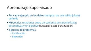 Aprendizaje Supervisado
• Por cada ejemplo en los datos siempre hay una salida (clase)
definida
• Modela las relaciones entre un conjunto de características
descriptivas y un objetivo (Ajusta los datos a una función)
• 2 grupos de problemas:
• Clasificación
• Regresión
 