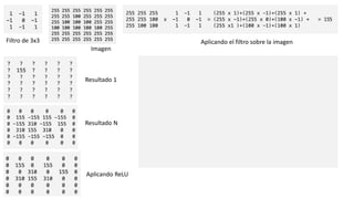 Filtro de 3x3
Imagen
Aplicando el filtro sobre la imagen
Resultado 1
Resultado N
Aplicando ReLU
 