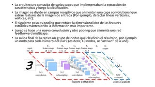 • La arquitectura constaba de varias capas que implementaban la extracción de
características y luego la clasificación.
• La imagen se divide en campos receptivos que alimentan una capa convolutional que
extrae features de la imagen de entrada (Por ejemplo, detectar lineas verticales,
vértices, etc).
• El siguiente paso es pooling que reduce la dimensionalidad de las features
extraídas manteniendo la información más importante.
• Luego se hace una nueva convolución y otro pooling que alimenta una red
feedforward multicapa.
• La salida final de la red es un grupo de nodos que clasifican el resultado, por ejemplo
un nodo para cada número del 0 al 9 (es decir, 10 nodos, se “activan” de a uno).
 