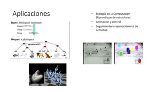 Aplicaciones • Biología de la Computación
(Aprendizaje de estructuras)
• Animación y control
• Seguimiento y reconocimiento de
actividad
 