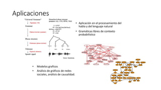 Aplicaciones
• Aplicación en el procesamiento del
habla y del lenguaje natural
• Gramáticas libres de contexto
probabilístico
• Modelos graficos
• Análisis de gráficos de redes
sociales, análisis de causalidad.
 