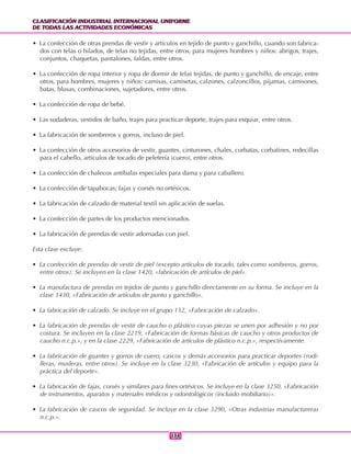 CLASIFICACIÓN INDUSTRIAL INTERNACIONAL UNIFORME
DE TODAS LAS ACTIVIDADES ECONÓMICAS
CLASIFICACIÓN INDUSTRIAL INTERNACIONAL UNIFORME
DE TODAS LAS ACTIVIDADES ECONÓMICAS
138138
• La confección de otras prendas de vestir y artículos en tejido de punto y ganchillo, cuando son fabrica-
dos con telas o hilados, de telas no tejidas, entre otros, para mujeres hombres y niños: abrigos, trajes,
conjuntos, chaquetas, pantalones, faldas, entre otros.
• La confección de ropa interior y ropa de dormir de telas tejidas, de punto y ganchillo, de encaje, entre
otros, para hombres, mujeres y niños: camisas, camisetas, calzones, calzoncillos, pijamas, camisones,
batas, blusas, combinaciones, sujetadores, entre otros.
• La confección de ropa de bebé.
• Las sudaderas, vestidos de baño, trajes para practicar deporte, trajes para esquiar, entre otros.
• La fabricación de sombreros y gorros, incluso de piel.
• La confección de otros accesorios de vestir, guantes, cinturones, chales, corbatas, corbatines, redecillas
para el cabello, artículos de tocado de peletería (cuero), entre otros.
• La confección de chalecos antibalas especiales para dama y para caballero.
• La confección de tapabocas; fajas y corsés no ortésicos.
• La fabricación de calzado de material textil sin aplicación de suelas.
• La confección de partes de los productos mencionados.
• La fabricación de prendas de vestir adornadas con piel.
Esta clase excluye:
• La confección de prendas de vestir de piel (excepto artículos de tocado, tales como sombreros, gorros,
entre otros). Se incluyen en la clase 1420, «fabricación de artículos de piel».
• La manufactura de prendas en tejidos de punto y ganchillo directamente en su forma. Se incluye en la
clase 1430, «Fabricación de artículos de punto y ganchillo».
• La fabricación de calzado. Se incluye en el grupo 152, «Fabricación de calzado».
• La fabricación de prendas de vestir de caucho o plástico cuyas piezas se unen por adhesión y no por
costura. Se incluyen en la clase 2219, «Fabricación de formas básicas de caucho y otros productos de
caucho n.c.p.», y en la clase 2229, «Fabricación de artículos de plástico n.c.p.», respectivamente.
• La fabricación de guantes y gorros de cuero, cascos y demás accesorios para practicar deportes (rodi-
lleras, musleras, entre otros). Se incluye en la clase 3230, «Fabricación de artículos y equipo para la
práctica del deporte».
• La fabricación de fajas, corsés y similares para fines ortésicos. Se incluye en la clase 3250, «Fabricación
de instrumentos, aparatos y materiales médicos y odontológicos (incluido mobiliario)».
• La fabricación de cascos de seguridad. Se incluye en la clase 3290, «Otras industrias manufactureras
n.c.p.».
 