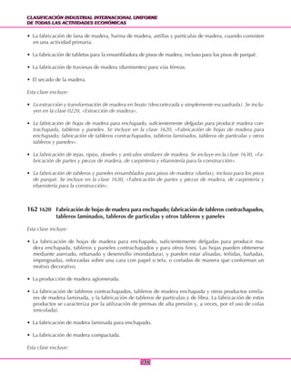 CLASIFICACIÓN INDUSTRIAL INTERNACIONAL UNIFORME
DE TODAS LAS ACTIVIDADES ECONÓMICAS
CLASIFICACIÓN INDUSTRIAL INTERNACIONAL UNIFORME
DE TODAS LAS ACTIVIDADES ECONÓMICAS
146146
• La fabricación de lana de madera, harina de madera, astillas y partículas de madera, cuando consisten
en una actividad primaria.
• La fabricación de tabletas para la ensambladura de pisos de madera, incluso para los pisos de parqué.
• La fabricación de traviesas de madera (durmientes) para vías férreas.
• El secado de la madera.
Esta clase excluye:
• La extracción y transformación de madera en bruto (descortezada y simplemente escuadrada). Se inclu-
yen en la clase 0220, «Extracción de madera».
• La fabricación de hojas de madera para enchapado, suficientemente delgadas para producir madera con-
trachapada, tableros y paneles. Se incluye en la clase 1620, «Fabricación de hojas de madera para
enchapado; fabricación de tableros contrachapados, tableros laminados, tableros de partículas y otros
tableros y paneles».
• La fabricación de tejas, ripias, doseles y artículos similares de madera. Se incluye en la clase 1630, «Fa-
bricación de partes y piezas de madera, de carpintería y ebanistería para la construcción».
• La fabricación de tableros y paneles ensamblados para pisos de madera (duelas), incluso para los pisos
de parqué. Se incluye en la clase 1630, «Fabricación de partes y piezas de madera, de carpintería y
ebanistería para la construcción».
162 1620 Fabricación de hojas de madera para enchapado; fabricación de tableros contrachapados,
tableros laminados, tableros de partículas y otros tableros y paneles
Esta clase incluye:
• La fabricación de hojas de madera para enchapado, suficientemente delgadas para producir ma-
dera enchapada, tableros y paneles contrachapados y para otros fines. Las hojas pueden obtenerse
mediante aserrado, rebanado y desenrollo (mondadura), y pueden estar alisadas, teñidas, bañadas,
impregnadas, reforzadas sobre una cara con papel o tela, o cortadas de manera que conforman un
motivo decorativo.
• La producción de madera aglomerada.
• La fabricación de tableros contrachapados, tableros de madera enchapada y otros productos simila-
res de madera laminada, y la fabricación de tableros de partículas y de fibra. La fabricación de estos
productos se caracteriza por la utilización de prensas de alta presión y, a veces, por el uso de colas
(encolada).
• La fabricación de madera laminada para enchapado.
• La fabricación de madera compactada.
Esta clase excluye:
 