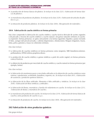 CLASIFICACIÓN INDUSTRIAL INTERNACIONAL UNIFORME
DE TODAS LAS ACTIVIDADES ECONÓMICAS
CLASIFICACIÓN INDUSTRIAL INTERNACIONAL UNIFORME
DE TODAS LAS ACTIVIDADES ECONÓMICAS
166166
• La producción de formas básicas de plástico. Se incluye en la clase 2221, «Fabricación de formas bási-
cas de plástico».
• La manufactura de productos de plástico. Se incluye en la clase 2229, «Fabricación de artículos de plás-
tico n.c.p.».
• La trituración de productos plásticos. Se incluye en la clase 3830, «Recuperación de materiales».
2014 Fabricación de caucho sintético en formas primarias
Esta clase comprende la fabricación de caucho sintético, caucho facticio derivado de aceites vegetales
o de pescado y mezclas de caucho sintético y caucho natural y de gomas naturales similares al caucho.
La expresión «formas primarias» se aplica únicamente a las formas siguientes: líquidos y pastas (incluido
el látex, aunque esté prevulcanizado, y además dispersiones y disoluciones), bloques irregulares, trozos,
balas, polvo, gránulos y masas no coherentes similares.
Esta clase incluye:
• La fabricación de cauchos sintéticos en formas primarias como neopreno, SBR (butadieno-estireno),
polibutadieno, EPDM (etileno-propileno-dieno).
• La producción de caucho sintético o gomas sintéticas a partir de aceite vegetal, en formas primarias
como el facticio.
• La obtención de productos por mezclado de caucho sintético y caucho natural en formas primarias (por
ejemplo, balata).
Esta clase excluye:
• La fabricación de monómeros puros o mezclados utilizados en la obtención de cauchos sintéticos como
estireno, caprolactama, acrilonitrilo, butadieno, isopreno, etc. Se incluye en la clase 2011, «Fabricación
de sustancias y productos químicos básicos».
• La fabricación de las fibras artificiales, filamentos e hilos artificiales y sintéticos. Se incluye en la clase
2030, «Fabricación de fibras sintéticas y artificiales».
• La fabricación de llantas, neumáticos y bandas de rodamiento en caucho. Se incluye en la clase 2211,
«Fabricación de llantas y neumáticos de caucho».
• La manufactura de productos de caucho. Se incluye en la clase 2219, «Fabricación de formas básicas de
caucho y otros productos de caucho n.c.p.».
• La trituración de productos de caucho. Se incluye en la clase 3830, «Recuperación de materiales».
202 Fabricación de otros productos químicos
Este grupo incluye:
 