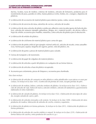 CLASIFICACIÓN INDUSTRIAL INTERNACIONAL UNIFORME
DE TODAS LAS ACTIVIDADES ECONÓMICAS
CLASIFICACIÓN INDUSTRIAL INTERNACIONAL UNIFORME
DE TODAS LAS ACTIVIDADES ECONÓMICAS
180180
duchas, lavabos, tazas de inodoro, cisternas de inodoros, artículos de fontanería, productos para el
revestimiento de pisos, paredes en rollos, losetas plásticas (vinilo, linóleo, etc.), tanques y depósitos de
plásticos.
• La fabricación de accesorios de material plástico para tuberías (juntas, codos, racores, etcétera).
• La fabricación de servicios de mesa, utensilios de cocina y artículos de tocador.
• La fabricación de otros artículos de plástico unidos por adhesión como tocados (gorros de baño de plás-
tico), artículos de vestuario (ejemplo: gabardinas, abrigos, etc.); material escolar y de oficina; rollos u
hojas de celofán; accesorios para muebles, estatuillas y otros artículos de plástico para la decoración.
• La fabricación de señales de plástico.
• La fabricación de colchones de material plástico para camas de agua.
• La fabricación de piedra artificial (por ejemplo: mármol artificial), artículos de tocado, cintas autoadhe-
sivas, hormas para zapatos, boquillas de cigarros, peines, rulos de plástico, etc.
• La fabricación de partes y piezas de material plástico para calzado.
• Correas de transporte y de transmisión.
• La fabricación de papel de colgadura de material plástico.
• La fabricación de artículos a partir del plástico en cualquiera de sus formas básicas.
• La fabricación de artículos a base de plástico recuperado.
• Accesorios para aislamiento, piezas de lámparas y accesorios para alumbrado.
Esta clase excluye:
• La fabricación de artículos de vestuario en telas plásticas o telas plastificadas cuyas piezas se unan por
costura. Se incluye en la clase 1410, «Confección de prendas de vestir, excepto prendas de piel».
• La fabricación de maletas, bolsos y artículos similares de plástico. Se incluye en la clase 1513, «Fabrica-
ción de artículos de viaje, bolsos de mano y artículos similares; artículos de talabartería y guarnicionería
elaborados en otros materiales».
• La fabricación de calzado de plástico. Se incluye en la clase 1522, «Fabricación de otros tipos de calza-
do, excepto calzado de cuero y piel».
• La fabricación de artículos trenzados o de cestería. Se incluye en la clase 1690, «Fabricación de otros
productos de madera; fabricación de artículos de corcho, cestería y espartería».
• La fabricación de plástico en formas primarias. Se incluye en la clase 2013, «Fabricación de plástico en
formas primarias».
• La fabricación de artículos de caucho sintético o natural. Se incluye en la clase 2219, «Fabricación de
formas básicas de caucho y otros productos de caucho n.c.p.».
 