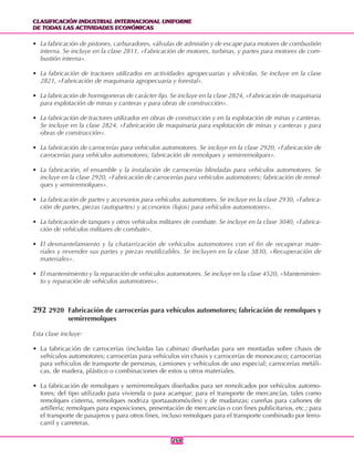 CLASIFICACIÓN INDUSTRIAL INTERNACIONAL UNIFORME
DE TODAS LAS ACTIVIDADES ECONÓMICAS
CLASIFICACIÓN INDUSTRIAL INTERNACIONAL UNIFORME
DE TODAS LAS ACTIVIDADES ECONÓMICAS
254254
• La fabricación de pistones, carburadores, válvulas de admisión y de escape para motores de combustión
interna. Se incluye en la clase 2811, «Fabricación de motores, turbinas, y partes para motores de com-
bustión interna».
• La fabricación de tractores utilizados en actividades agropecuarias y silvícolas. Se incluye en la clase
2821, «Fabricación de maquinaria agropecuaria y forestal».
• La fabricación de hormigoneras de carácter fijo. Se incluye en la clase 2824, «Fabricación de maquinaria
para explotación de minas y canteras y para obras de construcción».
• La fabricación de tractores utilizados en obras de construcción y en la explotación de minas y canteras.
Se incluye en la clase 2824, «Fabricación de maquinaria para explotación de minas y canteras y para
obras de construcción».
• La fabricación de carrocerías para vehículos automotores. Se incluye en la clase 2920, «Fabricación de
carrocerías para vehículos automotores; fabricación de remolques y semirremolques».
• La fabricación, el ensamble y la instalación de carrocerías blindadas para vehículos automotores. Se
incluye en la clase 2920, «Fabricación de carrocerías para vehículos automotores; fabricación de remol-
ques y semirremolques».
• La fabricación de partes y accesorios para vehículos automotores. Se incluye en la clase 2930, «Fabrica-
ción de partes, piezas (autopartes) y accesorios (lujos) para vehículos automotores».
• La fabricación de tanques y otros vehículos militares de combate. Se incluye en la clase 3040, «Fabrica-
ción de vehículos militares de combate».
• El desmantelamiento y la chatarrización de vehículos automotores con el fin de recuperar mate-
riales y revender sus partes y piezas reutilizables. Se incluyen en la clase 3830, «Recuperación de
materiales».
• El mantenimiento y la reparación de vehículos automotores. Se incluye en la clase 4520, «Mantenimien-
to y reparación de vehículos automotores».
292 2920 Fabricación de carrocerías para vehículos automotores; fabricación de remolques y
semirremolques
Esta clase incluye:
• La fabricación de carrocerías (incluidas las cabinas) diseñadas para ser montadas sobre chasis de
vehículos automotores; carrocerías para vehículos sin chasis y carrocerías de monocasco; carrocerías
para vehículos de transporte de personas, camiones y vehículos de uso especial; carrocerías metáli-
cas, de madera, plástico o combinaciones de estos u otros materiales.
• La fabricación de remolques y semirremolques diseñados para ser remolcados por vehículos automo-
tores; del tipo utilizado para vivienda o para acampar; para el transporte de mercancías, tales como
remolques cisterna, remolques nodriza (portaautomóviles) y de mudanzas; cureñas para cañones de
artillería; remolques para exposiciones, presentación de mercancías o con fines publicitarios, etc.; para
el transporte de pasajeros y para otros fines, incluso remolques para el transporte combinado por ferro-
carril y carreteras.
 