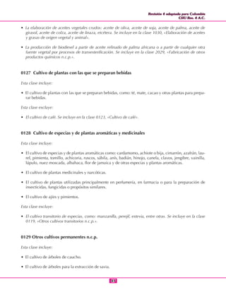 Revisión 4 adaptada para Colombia
CIIU Rev. 4 A.C.
Revisión 4 adaptada para Colombia
CIIU Rev. 4 A.C.
8383
• La elaboración de aceites vegetales crudos: aceite de oliva, aceite de soja, aceite de palma, aceite de
girasol, aceite de colza, aceite de linaza, etcétera. Se incluye en la clase 1030, «Elaboración de aceites
y grasas de origen vegetal y animal».
• La producción de biodiesel a partir de aceite refinado de palma africana o a partir de cualquier otra
fuente vegetal por procesos de transesterificación. Se incluye en la clase 2029, «Fabricación de otros
productos químicos n.c.p.».
0127 Cultivo de plantas con las que se preparan bebidas
Esta clase incluye:
• El cultivo de plantas con las que se preparan bebidas, como: té, mate, cacao y otras plantas para prepa-
rar bebidas.
Esta clase excluye:
• El cultivo de café. Se incluye en la clase 0123, «Cultivo de café».
0128 Cultivo de especias y de plantas aromáticas y medicinales
Esta clase incluye:
• El cultivo de especias y de plantas aromáticas como: cardamomo, achiote o bija, cimarrón, azafrán, lau-
rel, pimienta, tomillo, achicoria, ruscos, sábila, anís, badián, hinojo, canela, clavos, jengibre, vainilla,
lúpulo, nuez moscada, albahaca, flor de jamaica y de otras especias y plantas aromáticas.
• El cultivo de plantas medicinales y narcóticas.
• El cultivo de plantas utilizadas principalmente en perfumería, en farmacia o para la preparación de
insecticidas, fungicidas o propósitos similares.
• El cultivo de ajíes y pimientos.
Esta clase excluye:
• El cultivo transitorio de especias, como: manzanilla, perejil, estevia, entre otras. Se incluye en la clase
0119, «Otros cultivos transitorios n.c.p.».
0129 Otros cultivos permanentes n.c.p.
Esta clase incluye:
• El cultivo de árboles de caucho.
• El cultivo de árboles para la extracción de savia.
 