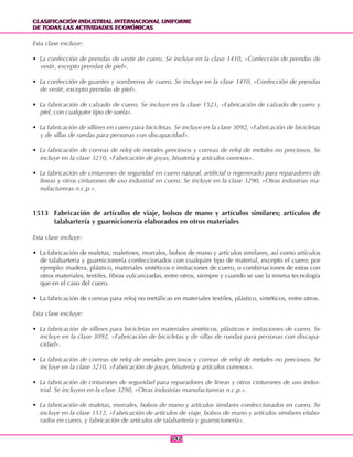 CLASIFICACIÓN INDUSTRIAL INTERNACIONAL UNIFORME
DE TODAS LAS ACTIVIDADES ECONÓMICAS
CLASIFICACIÓN INDUSTRIAL INTERNACIONAL UNIFORME
DE TODAS LAS ACTIVIDADES ECONÓMICAS
142142
Esta clase excluye:
• La confección de prendas de vestir de cuero. Se incluye en la clase 1410, «Confección de prendas de
vestir, excepto prendas de piel».
• La confección de guantes y sombreros de cuero. Se incluye en la clase 1410, «Confección de prendas
de vestir, excepto prendas de piel».
• La fabricación de calzado de cuero. Se incluye en la clase 1521, «Fabricación de calzado de cuero y
piel, con cualquier tipo de suela».
• La fabricación de sillines en cuero para bicicletas. Se incluye en la clase 3092, «Fabricación de bicicletas
y de sillas de ruedas para personas con discapacidad».
• La fabricación de correas de reloj de metales preciosos y correas de reloj de metales no preciosos. Se
incluye en la clase 3210, «Fabricación de joyas, bisutería y artículos conexos».
• La fabricación de cinturones de seguridad en cuero natural, artificial o regenerado para reparadores de
líneas y otros cinturones de uso industrial en cuero. Se incluye en la clase 3290, «Otras industrias ma-
nufactureras n.c.p.».
1513 Fabricación de artículos de viaje, bolsos de mano y artículos similares; artículos de
talabartería y guarnicionería elaborados en otros materiales
Esta clase incluye:
• La fabricación de maletas, maletines, morrales, bolsos de mano y artículos similares, así como artículos
de talabartería y guarnicionería confeccionados con cualquier tipo de material, excepto el cuero; por
ejemplo: madera, plástico, materiales sintéticos e imitaciones de cuero, o combinaciones de estos con
otros materiales, textiles, fibras vulcanizadas, entre otros, siempre y cuando se use la misma tecnología
que en el caso del cuero.
• La fabricación de correas para reloj no metálicas en materiales textiles, plástico, sintéticos, entre otros.
Esta clase excluye:
• La fabricación de sillines para bicicletas en materiales sintéticos, plásticos e imitaciones de cuero. Se
incluye en la clase 3092, «Fabricación de bicicletas y de sillas de ruedas para personas con discapa-
cidad».
• La fabricación de correas de reloj de metales preciosos y correas de reloj de metales no preciosos. Se
incluye en la clase 3210, «Fabricación de joyas, bisutería y artículos conexos».
• La fabricación de cinturones de seguridad para reparadores de líneas y otros cinturones de uso indus-
trial. Se incluyen en la clase 3290, «Otras industrias manufactureras n.c.p.».
• La fabricación de maletas, morrales, bolsos de mano y artículos similares confeccionados en cuero. Se
incluye en la clase 1512, «Fabricación de artículos de viaje, bolsos de mano y artículos similares elabo-
rados en cuero, y fabricación de artículos de talabartería y guarnicionería».
 