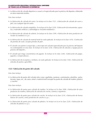 CLASIFICACIÓN INDUSTRIAL INTERNACIONAL UNIFORME
DE TODAS LAS ACTIVIDADES ECONÓMICAS
CLASIFICACIÓN INDUSTRIAL INTERNACIONAL UNIFORME
DE TODAS LAS ACTIVIDADES ECONÓMICAS
144144
• La fabricación de calzado deportivo o casual y el especializado para la práctica de deportes, elaborado
en otros materiales textiles.
Esta clase excluye:
• La fabricación de calzado de cuero. Se incluye en la clase 1521, «Fabricación de calzado de cuero y
piel, con cualquier tipo de suela».
• La fabricación de calzado ortopédico. Se incluye en la clase 3250, «Fabricación de instrumentos, apara-
tos y materiales médicos y odontológicos (incluido mobiliario)».
• La fabricación de calzado de asbesto. Se incluye en la clase 2399, «Fabricación de otros productos mi-
nerales no metálicos n.c.p.».
• La fabricación de calzado de material textil sin suela aplicada. Se incluye en la clase 1410, «Confección
de prendas de vestir, excepto prendas de piel».
• El calzado con patines o esquís fijos, y otros tipos de calzado especializado para la práctica del deporte
no contemplados en esta clase. Se incluye en la clase 3230, «Fabricación de artículos y equipo para la
práctica del deporte».
• El calzado que tenga características de juguete. Se incluye en la clase 3240, «Fabricación de juegos,
juguetes y rompecabezas».
• La fabricación de escarpines y similares, sin suela aplicada. Se incluye en la clase 1430, «Fabricación de
artículos de punto y ganchillo».
1523 Fabricación de partes del calzado
Esta clase incluye:
• La fabricación de partes del calzado tales como capelladas, punteras, contrafuertes, plantillas, suelas,
tacones, tapas, etc., de cuero, metal y material textil (excepto las partes de calzado de madera, plástico
y caucho).
Esta clase excluye:
• La fabricación de partes para calzado de madera. Se incluye en la clase 1690, «Fabricación de otros
productos de madera; fabricación de artículos de corcho, cestería y espartería».
• La fabricación de partes para calzado de caucho. Se incluye en la clase 2219, «Fabricación de formas
básicas de caucho y otros productos de caucho n.c.p.».
• La fabricación de partes para calzado de plástico. Se incluye en la en la clase 2229, «Fabricación de
artículos de plástico n.c.p.».
 