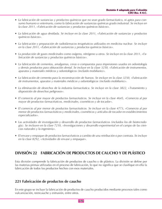Revisión 4 adaptada para Colombia
CIIU Rev. 4 A.C.
Revisión 4 adaptada para Colombia
CIIU Rev. 4 A.C.
175175
• La fabricación de sustancias y productos químicos que no sean grado farmacéutico, ni aptos para con-
sumo humano o veterinario, como la fabricación de sustancias químicas grado industrial. Se incluye en
la clase 2011, «Fabricación de sustancias y productos químicos básicos».
• La fabricación de agua destilada. Se incluye en la clase 2011, «Fabricación de sustancias y productos
químicos básicos».
• La fabricación y preparación de radiofármacos terapéuticos utilizados en medicina nuclear. Se incluye
en la clase 2011, «Fabricación de sustancias y productos químicos básicos».
• La producción de gases medicinales como oxígeno, nitrógeno u otros. Se incluye en la clase 2011, «Fa-
bricación de sustancias y productos químicos básicos».
• La fabricación de cementos, amalgamas, ceras o compuestos para impresiones usados en odontología
y demás productos para obturación dental. Se incluye en la clase 3250, «Fabricación de instrumentos,
aparatos y materiales médicos y odontológicos (incluido mobiliario)».
• La fabricación de cemento para la reconstrucción de huesos. Se incluye en la clase 3250, «Fabricación
de instrumentos, aparatos y materiales médicos y odontológicos (incluido mobiliario)».
• La eliminación de desechos de la industria farmacéutica. Se incluye en la clase 3822, «Tratamiento y
disposición de desechos peligrosos».
• El comercio al por mayor de productos farmacéuticos. Se incluye en la clase 4645, «Comercio al por
mayor de productos farmacéuticos, medicinales, cosméticos y de tocador».
• El comercio al por menor de productos farmacéuticos. Se incluye en la clase 4773, «Comercio al por
menor de productos farmacéuticos y medicinales, cosméticos y artículos de tocador en establecimientos
especializados».
• Las actividades de investigación y desarrollo de productos farmacéuticos (incluidos los de biotecnolo-
gía). Se incluyen en la clase 7210, «Investigaciones y desarrollo experimental en el campo de las cien-
cias naturales y la ingeniería».
• El envase y empaque de productos farmacéuticos a cambio de una retribución o por contrata. Se incluye
en la clase 8292, «Actividades de envase y empaque».
DIVISIÓN 22 FABRICACIÓN DE PRODUCTOS DE CAUCHO Y DE PLÁSTICO
Esta división comprende la fabricación de productos de caucho y de plástico. La división se define por
las materias primas utilizadas en el proceso de fabricación, lo que no significa que se clasifique en ella la
fabricación de todos los productos hechos con esos materiales.
221 Fabricación de productos de caucho
En este grupo se incluye la fabricación de productos de caucho producidos mediante procesos tales como
vulcanización, reencauche y extrusión, entre otros.
 