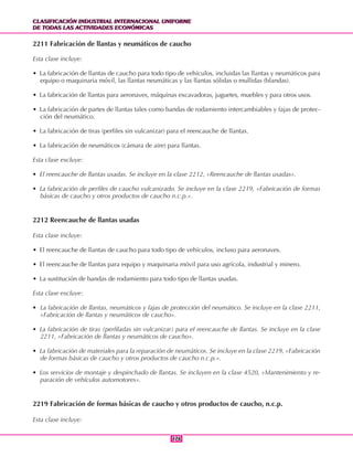 CLASIFICACIÓN INDUSTRIAL INTERNACIONAL UNIFORME
DE TODAS LAS ACTIVIDADES ECONÓMICAS
CLASIFICACIÓN INDUSTRIAL INTERNACIONAL UNIFORME
DE TODAS LAS ACTIVIDADES ECONÓMICAS
176176
2211 Fabricación de llantas y neumáticos de caucho
Esta clase incluye:
• La fabricación de llantas de caucho para todo tipo de vehículos, incluidas las llantas y neumáticos para
equipo o maquinaria móvil, las llantas neumáticas y las llantas sólidas o mullidas (blandas).
• La fabricación de llantas para aeronaves, máquinas excavadoras, juguetes, muebles y para otros usos.
• La fabricación de partes de llantas tales como bandas de rodamiento intercambiables y fajas de protec-
ción del neumático.
• La fabricación de tiras (perfiles sin vulcanizar) para el reencauche de llantas.
• La fabricación de neumáticos (cámara de aire) para llantas.
Esta clase excluye:
• El reencauche de llantas usadas. Se incluye en la clase 2212, «Reencauche de llantas usadas».
• La fabricación de perfiles de caucho vulcanizado. Se incluye en la clase 2219, «Fabricación de formas
básicas de caucho y otros productos de caucho n.c.p.».
2212 Reencauche de llantas usadas
Esta clase incluye:
• El reencauche de llantas de caucho para todo tipo de vehículos, incluso para aeronaves.
• El reencauche de llantas para equipo y maquinaria móvil para uso agrícola, industrial y minero.
• La sustitución de bandas de rodamiento para todo tipo de llantas usadas.
Esta clase excluye:
• La fabricación de llantas, neumáticos y fajas de protección del neumático. Se incluye en la clase 2211,
«Fabricación de llantas y neumáticos de caucho».
• La fabricación de tiras (perfiladas sin vulcanizar) para el reencauche de llantas. Se incluye en la clase
2211, «Fabricación de llantas y neumáticos de caucho».
• La fabricación de materiales para la reparación de neumáticos. Se incluye en la clase 2219, «Fabricación
de formas básicas de caucho y otros productos de caucho n.c.p.».
• Los servicios de montaje y despinchado de llantas. Se incluyen en la clase 4520, «Mantenimiento y re-
paración de vehículos automotores».
2219 Fabricación de formas básicas de caucho y otros productos de caucho, n.c.p.
Esta clase incluye:
 