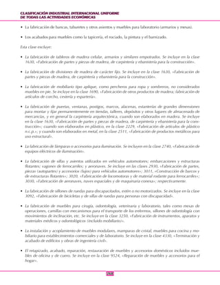 CLASIFICACIÓN INDUSTRIAL INTERNACIONAL UNIFORME
DE TODAS LAS ACTIVIDADES ECONÓMICAS
CLASIFICACIÓN INDUSTRIAL INTERNACIONAL UNIFORME
DE TODAS LAS ACTIVIDADES ECONÓMICAS
268268
• La fabricación de bancas, taburetes y otros asientos y muebles para laboratorio (armarios y mesas).
• Los acabados para muebles como la tapicería, el rociado, la pintura y el barnizado.
Esta clase excluye:
• La fabricación de tableros de madera celular, armarios y similares empotrados. Se incluye en la clase
1630, «Fabricación de partes y piezas de madera, de carpintería y ebanistería para la construcción».
• La fabricación de divisiones de madera de carácter fijo. Se incluye en la clase 1630, «Fabricación de
partes y piezas de madera, de carpintería y ebanistería para la construcción».
• La fabricación de mobiliario tipo aplique, como percheros para ropa y sombreros, no considerados
muebles en pie. Se incluye en la clase 1690, «Fabricación de otros productos de madera; fabricación de
artículos de corcho, cestería y espartería».
• La fabricación de puertas, ventanas, postigos, marcos, alacenas, estanterías de grandes dimensiones
para montar y fijar permanentemente en tiendas, talleres, depósitos y otros lugares de almacenado de
mercancías, y en general la carpintería arquitectónica, cuando son elaborados en madera. Se incluye
en la clase 1630, «Fabricación de partes y piezas de madera, de carpintería y ebanistería para la cons-
trucción»; cuando son elaborados en plástico, en la clase 2229, «Fabricación de artículos de plástico
n.c.p.»; y cuando son elaborados en metal, en la clase 2511, «Fabricación de productos metálicos para
uso estructural».
• La fabricación de lámparas o accesorios para iluminación. Se incluyen en la clase 2740, «Fabricación de
equipos eléctricos de iluminación».
• La fabricación de sillas y asientos utilizados en vehículos automotores; embarcaciones y estructuras
flotantes; vagones de ferrocarriles; y aeronaves. Se incluye en las clases 2930, «Fabricación de partes,
piezas (autopartes) y accesorios (lujos) para vehículos automotores»; 3011, «Construcción de barcos y
de estructuras flotantes»; 3020, «Fabricación de locomotoras y de material rodante para ferrocarriles»;
3030, «Fabricación de aeronaves, naves espaciales y de maquinaria conexa»; respectivamente.
• La fabricación de sillones de ruedas para discapacitados, estén o no motorizados. Se incluye en la clase
3092, «Fabricación de bicicletas y de sillas de ruedas para personas con discapacidad».
• La fabricación de muebles para cirugía, odontología, veterinaria y laboratorio, tales como mesas de
operaciones, camillas con mecanismos para el transporte de los enfermos, sillones de odontología con
movimientos de inclinación, etc. Se incluye en la clase 3250, «Fabricación de instrumentos, aparatos y
materiales médicos y odontológicos (incluido mobiliario)».
• La instalación y acoplamiento de muebles modulares, mamparas de cristal, muebles para cocina y mo-
biliario para establecimientos comerciales y de laboratorio. Se incluye en la clase 4330, «Terminación y
acabado de edificios y obras de ingeniería civil».
• El retapizado, acabado, reparación, restauración de muebles y accesorios domésticos incluidos mue-
bles de oficina y de cuero. Se incluye en la clase 9524, «Reparación de muebles y accesorios para el
hogar».
 