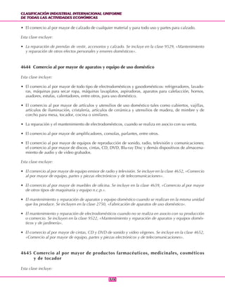 CLASIFICACIÓN INDUSTRIAL INTERNACIONAL UNIFORME
DE TODAS LAS ACTIVIDADES ECONÓMICAS
CLASIFICACIÓN INDUSTRIAL INTERNACIONAL UNIFORME
DE TODAS LAS ACTIVIDADES ECONÓMICAS
316316
• El comercio al por mayor de calzado de cualquier material y para todo uso y partes para calzado.
Esta clase excluye:
• La reparación de prendas de vestir, accesorios y calzado. Se incluye en la clase 9529, «Mantenimiento
y reparación de otros efectos personales y enseres domésticos».
4644 Comercio al por mayor de aparatos y equipo de uso doméstico
Esta clase incluye:
• El comercio al por mayor de todo tipo de electrodomésticos y gasodomésticos: refrigeradores, lavado-
ras, máquinas para secar ropa, máquinas lavaplatos, aspiradoras, aparatos para calefacción, hornos,
asadores, estufas, calentadores, entre otros, para uso doméstico.
• El comercio al por mayor de artículos y utensilios de uso doméstico tales como cubiertos, vajillas,
artículos de iluminación, cristalería, artículos de cerámica y utensilios de madera, de mimbre y de
corcho para mesa, tocador, cocina o similares.
• La reparación y el mantenimiento de electrodomésticos, cuando se realiza en asocio con su venta.
• El comercio al por mayor de amplificadores, consolas, parlantes, entre otros.
• El comercio al por mayor de equipos de reproducción de sonido, radio, televisión y comunicaciones;
el comercio al por mayor de discos, cintas, CD, DVD, Blu-ray Disc y demás dispositivos de almacena-
miento de audio y de video grabados.
Esta clase excluye:
• El comercio al por mayor de equipo emisor de radio y televisión. Se incluye en la clase 4652, «Comercio
al por mayor de equipo, partes y piezas electrónicos y de telecomunicaciones».
• El comercio al por mayor de muebles de oficina. Se incluye en la clase 4659, «Comercio al por mayor
de otros tipos de maquinaria y equipo n.c.p.».
• El mantenimiento y reparación de aparatos y equipo doméstico cuando se realizan en la misma unidad
que los produce. Se incluyen en la clase 2750, «Fabricación de aparatos de uso doméstico».
• El mantenimiento y reparación de electrodomésticos cuando no se realiza en asocio con su producción
o comercio. Se incluyen en la clase 9522, «Mantenimiento y reparación de aparatos y equipos domés-
ticos y de jardinería».
• El comercio al por mayor de cintas, CD y DVD de sonido y video vírgenes. Se incluye en la clase 4652,
«Comercio al por mayor de equipo, partes y piezas electrónicos y de telecomunicaciones».
4645 Comercio al por mayor de productos farmacéuticos, medicinales, cosméticos
y de tocador
Esta clase incluye:
 