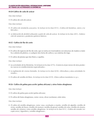 CLASIFICACIÓN INDUSTRIAL INTERNACIONAL UNIFORME
DE TODAS LAS ACTIVIDADES ECONÓMICAS
CLASIFICACIÓN INDUSTRIAL INTERNACIONAL UNIFORME
DE TODAS LAS ACTIVIDADES ECONÓMICAS
8282
0124 Cultivo de caña de azúcar
Esta clase incluye:
• El cultivo de caña de azúcar.
Esta clase excluye:
• El cultivo de remolacha azucarera. Se incluye en la clase 0113, «Cultivo de hortalizas, raíces y tu-
bérculos».
• La fabricación de alcohol carburante a partir de caña de azúcar. Se incluye en la clase 2011, «Fabrica-
ción de sustancias y productos químicos básicos».
0125 Cultivo de flor de corte
Esta clase incluye:
• El cultivo de especies de flor de corte, que se realiza en invernaderos con estructura de madera o metá-
lica cubierta de plástico, o cualquier otra forma de cultivo y sus sistemas de riego.
• El cultivo de plantas que dan flores y capullos.
Esta clase excluye:
• Las actividades de las floristerías. Se incluyen en la clase 4774, «Comercio al por menor de otros produc-
tos nuevos en establecimientos especializados».
• La explotación de viveros forestales. Se incluye en la clase 0210, «Silvicultura y otras actividades fo-
restales».
• El cultivo de semillas de flores. Se incluye en la clase 0119, «Otros cultivos transitorios n.c.p.».
0126 Cultivo de palma para aceite (palma africana) y otros frutos oleaginosos
Esta clase incluye:
• El cultivo de palma para aceite (palma africana).
• El cultivo de frutos oleaginosos, como: cocos, olivas (aceitunas), entre otros.
Esta clase excluye:
• El cultivo de semillas oleaginosas, como: soya, cacahuates o maníes, semillas de algodón, semillas de
ricino, semillas de linaza, semillas de mostaza, semillas de girasol, semillas de colza, semillas de sésamo,
semillas de cártamo y otras semillas oleaginosas. Se incluye en la clase 0111, «Cultivo de cereales (ex-
cepto arroz), legumbres y semillas oleaginosas».
 
