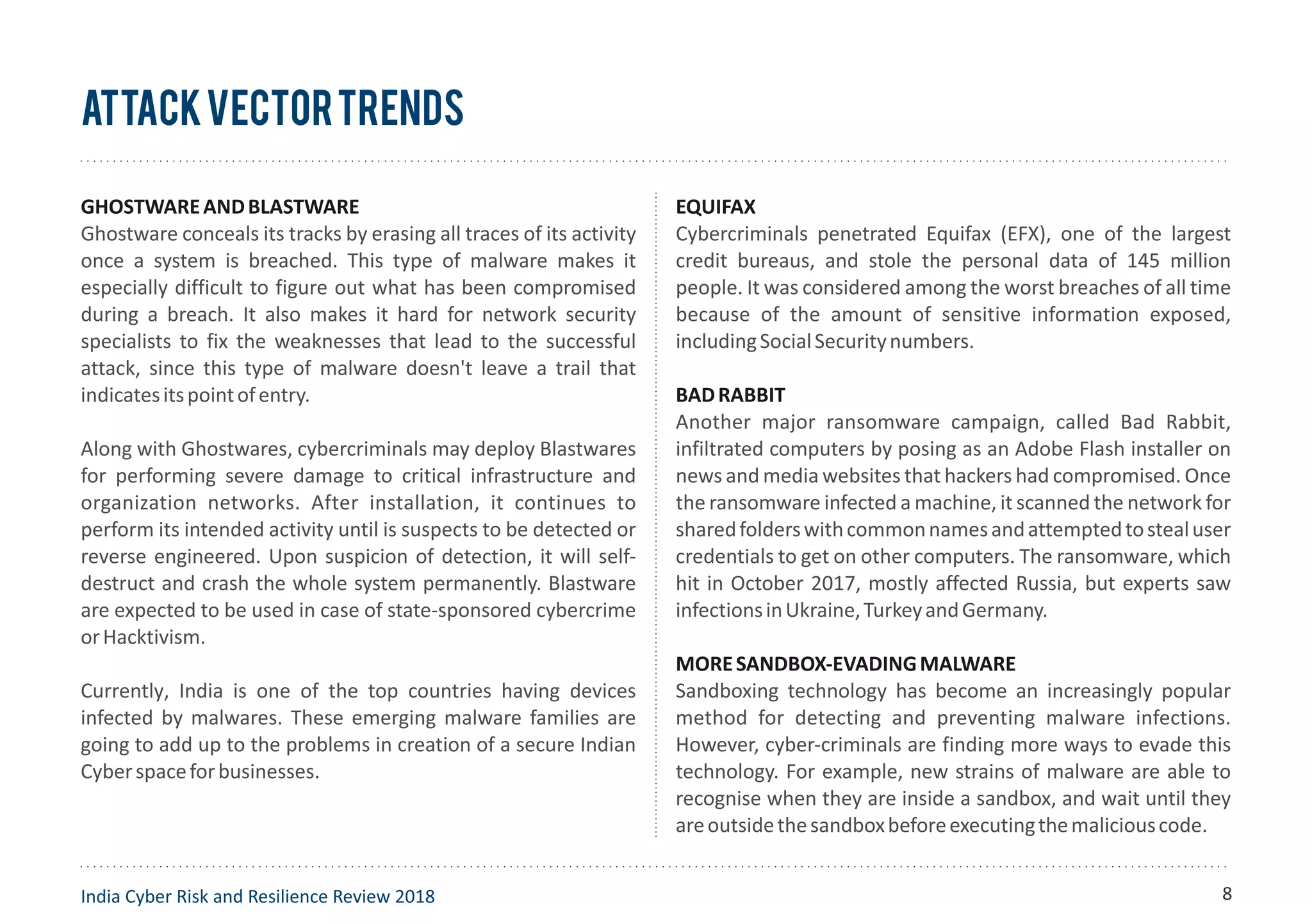 AttackVectorTrends
GHOSTWAREANDBLASTWARE
Ghostware conceals its tracks by erasing all traces of its activity
once a system is breached. This type of malware makes it
especially difficult to figure out what has been compromised
during a breach. It also makes it hard for network security
specialists to fix the weaknesses that lead to the successful
attack, since this type of malware doesn't leave a trail that
indicatesitspointofentry.
Along with Ghostwares, cybercriminals may deploy Blastwares
for performing severe damage to critical infrastructure and
organization networks. After installation, it continues to
perform its intended activity until is suspects to be detected or
reverse engineered. Upon suspicion of detection, it will self-
destruct and crash the whole system permanently. Blastware
are expected to be used in case of state-sponsored cybercrime
orHacktivism.
Currently, India is one of the top countries having devices
infected by malwares. These emerging malware families are
going to add up to the problems in creation of a secure Indian
Cyberspaceforbusinesses.
EQUIFAX
Cybercriminals penetrated Equifax (EFX), one of the largest
credit bureaus, and stole the personal data of 145 million
people. It was considered among the worst breaches of all time
because of the amount of sensitive information exposed,
includingSocialSecuritynumbers.
BADRABBIT
Another major ransomware campaign, called Bad Rabbit,
infiltrated computers by posing as an Adobe Flash installer on
news and media websites that hackers had compromised. Once
the ransomware infected a machine, it scanned the network for
sharedfolderswithcommonnamesandattemptedtostealuser
credentials to get on other computers. The ransomware, which
hit in October 2017, mostly affected Russia, but experts saw
infectionsinUkraine,TurkeyandGermany.
MORESANDBOX-EVADINGMALWARE
Sandboxing technology has become an increasingly popular
method for detecting and preventing malware infections.
However, cyber-criminals are finding more ways to evade this
technology. For example, new strains of malware are able to
recognise when they are inside a sandbox, and wait until they
areoutsidethesandboxbeforeexecutingthemaliciouscode.
India Cyber Risk and Resilience Review 2018 8
 