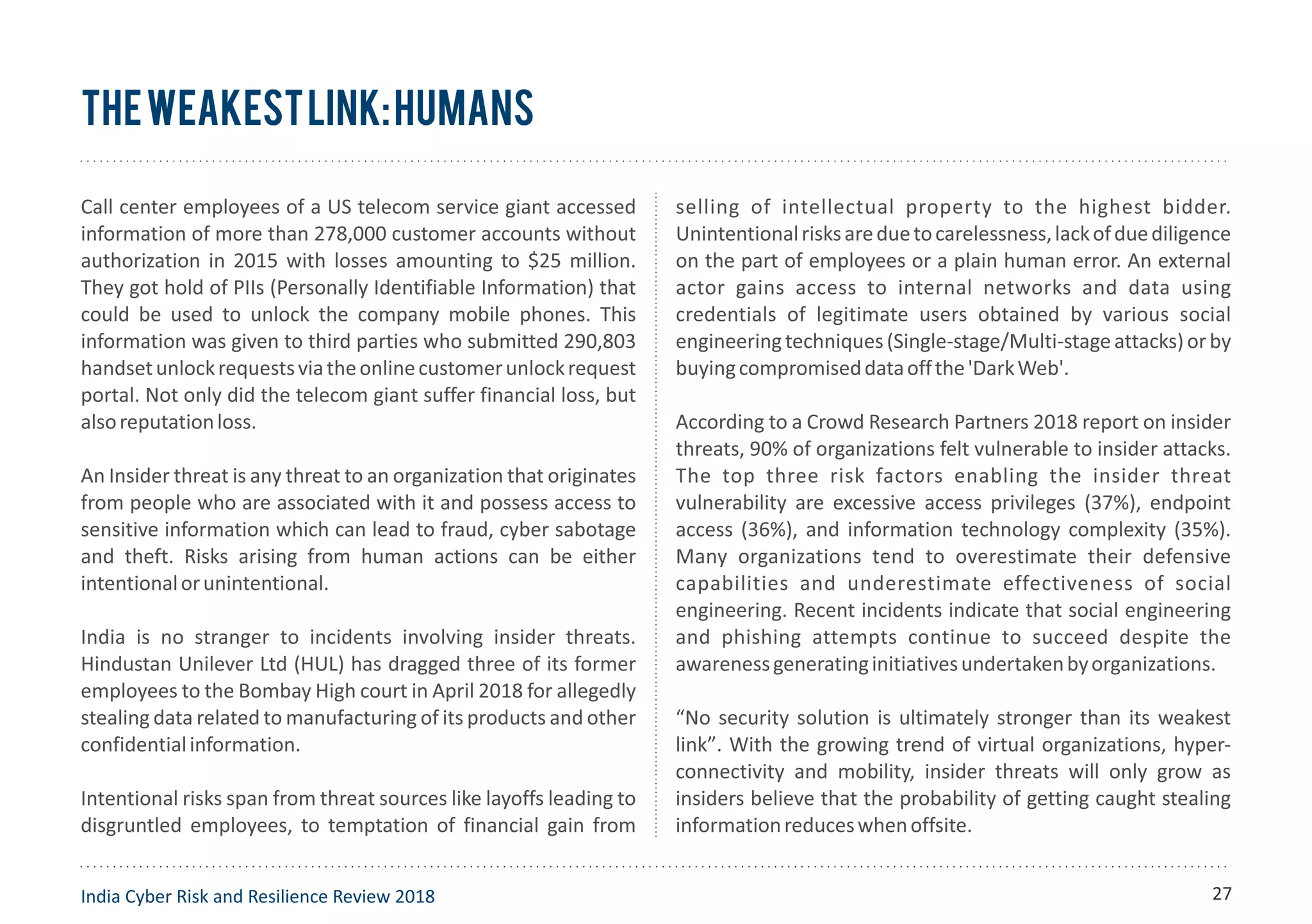 TheWeakestLink:Humans
Call center employees of a US telecom service giant accessed
information of more than 278,000 customer accounts without
authorization in 2015 with losses amounting to $25 million.
They got hold of PIIs (Personally Identifiable Information) that
could be used to unlock the company mobile phones. This
information was given to third parties who submitted 290,803
handsetunlockrequestsviatheonlinecustomerunlockrequest
portal. Not only did the telecom giant suffer financial loss, but
alsoreputationloss.
An Insider threat is any threat to an organization that originates
from people who are associated with it and possess access to
sensitive information which can lead to fraud, cyber sabotage
and theft. Risks arising from human actions can be either
intentionalorunintentional.
India is no stranger to incidents involving insider threats.
Hindustan Unilever Ltd (HUL) has dragged three of its former
employees to the Bombay High court in April 2018 for allegedly
stealing data related to manufacturing of its products and other
confidentialinformation.
Intentional risks span from threat sources like layoffs leading to
disgruntled employees, to temptation of financial gain from
selling of intellectual property to the highest bidder.
Unintentionalrisksareduetocarelessness,lackofduediligence
on the part of employees or a plain human error. An external
actor gains access to internal networks and data using
credentials of legitimate users obtained by various social
engineeringtechniques(Single-stage/Multi-stageattacks)orby
buyingcompromiseddataoffthe'DarkWeb'.
According to a Crowd Research Partners 2018 report on insider
threats, 90% of organizations felt vulnerable to insider attacks.
The top three risk factors enabling the insider threat
vulnerability are excessive access privileges (37%), endpoint
access (36%), and information technology complexity (35%).
Many organizations tend to overestimate their defensive
capabilities and underestimate effectiveness of social
engineering. Recent incidents indicate that social engineering
and phishing attempts continue to succeed despite the
awarenessgeneratinginitiativesundertakenbyorganizations.
“No security solution is ultimately stronger than its weakest
link”. With the growing trend of virtual organizations, hyper-
connectivity and mobility, insider threats will only grow as
insiders believe that the probability of getting caught stealing
informationreduceswhenoffsite.
India Cyber Risk and Resilience Review 2018 27
 
