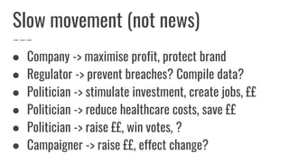 Slow movement (not news)
● Company -> maximise profit, protect brand
● Regulator -> prevent breaches? Compile data?
● Politician -> stimulate investment, create jobs, ££
● Politician -> reduce healthcare costs, save ££
● Politician -> raise ££, win votes, ?
● Campaigner -> raise ££, effect change?
 