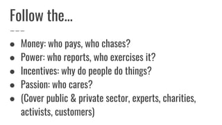 Follow the...
● Money: who pays, who chases?
● Power: who reports, who exercises it?
● Incentives: why do people do things?
● Passion: who cares?
● (Cover public & private sector, experts, charities,
activists, customers)
 