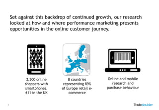 Set against this backdrop of continued growth, our research
looked at how and where performance marketing presents
opportunities in the online customer journey.

2,500 online
shoppers with
smartphones.
411 in the UK
3

8 countries
representing 89%
of Europe retail ecommerce

Online and mobile
research and
purchase behaviour

 