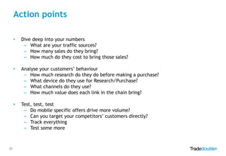 Action points
•

•

Analyse your customers’ behaviour
– How much research do they do before making a purchase?
– What device do they use for Research/Purchase?
– What channels do they use?
– How much value does each link in the chain bring?

•

25

Dive deep into your numbers
– What are your traffic sources?
– How many sales do they bring?
– How much do they cost to bring those sales?

Test, test, test
– Do mobile specific offers drive more volume?
– Can you target your competitors’ customers directly?
– Track everything
– Test some more

 