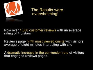 The Results were
overwhelming!

Now over 1,000 customer reviews with an average
rating of 4.5 stars
Reviews page ninth most viewed onsite with visitors
average of eight minutes interacting with site
A dramatic increase in the conversion rate of visitors
that engaged reviews pages.

 